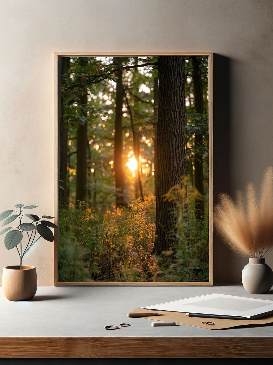 Sunlit Forest at Dawn Poster. — room view 2