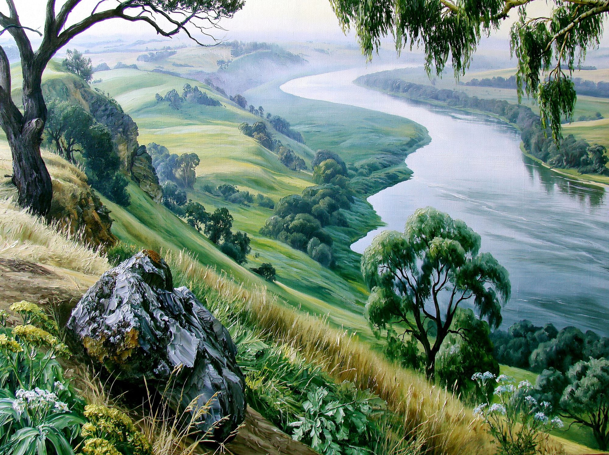 Misty River Valley Landscape Print. poster detail