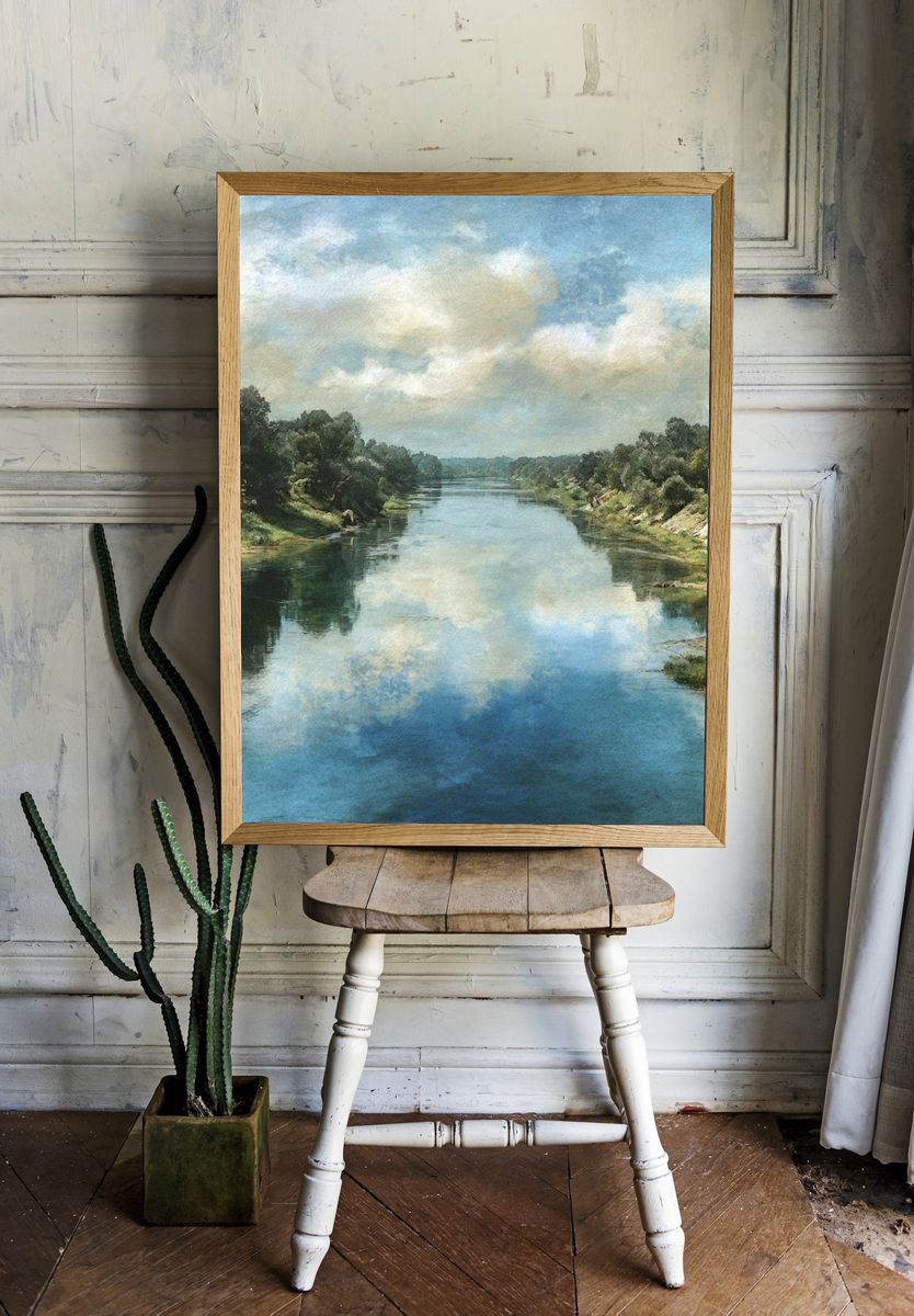 River Landscape Watercolor Print. room preview