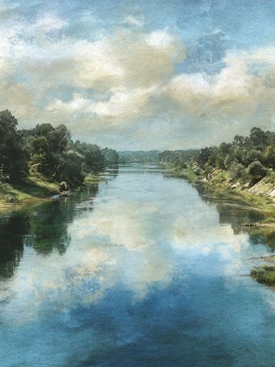 River Landscape Watercolor Print.
