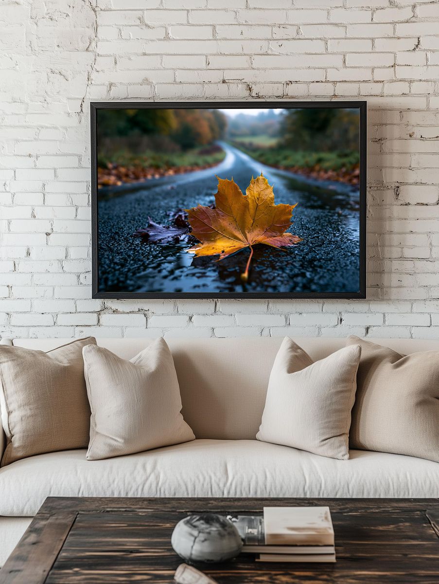 Autumn Maple Leaf Road Print. room preview