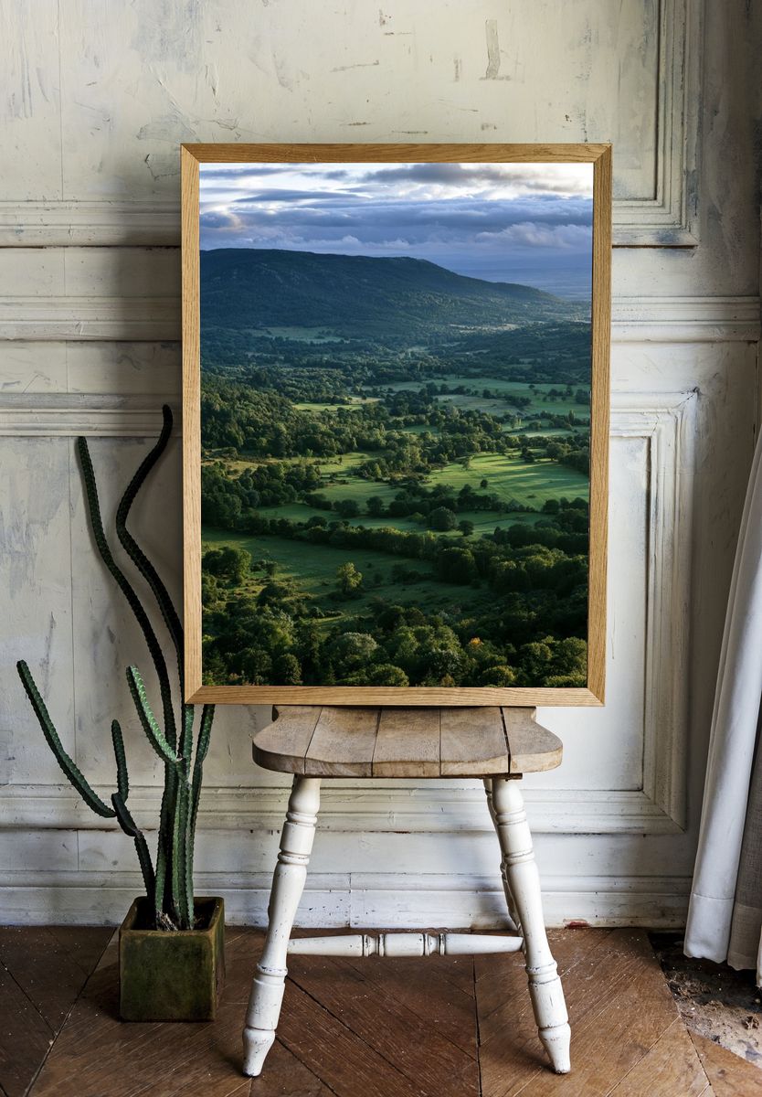 Misty Green Valley Landscape Poster. room preview
