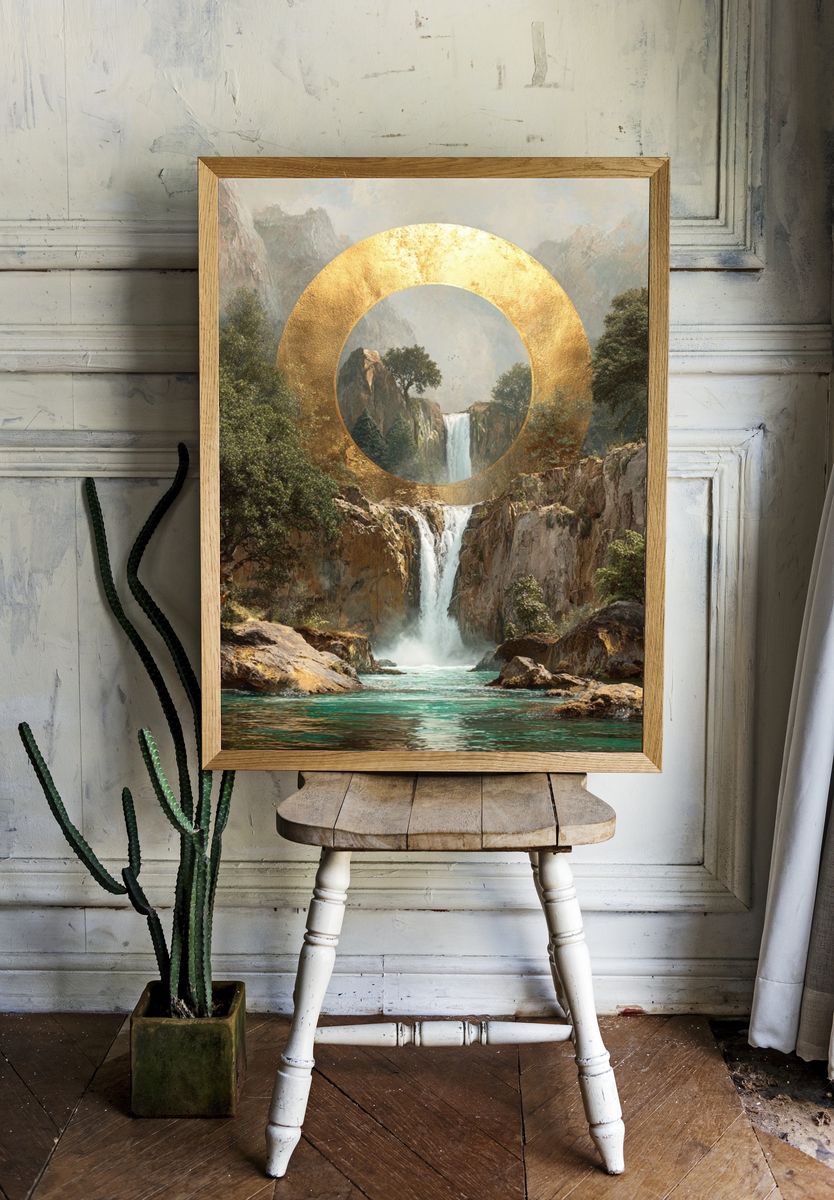 Golden Waterfall Landscape Print. — room view 1