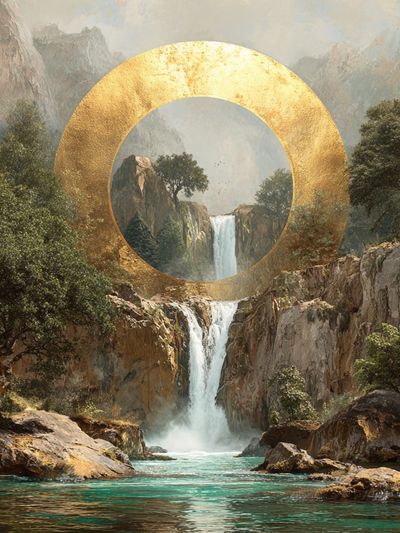 Golden Waterfall Landscape Print.