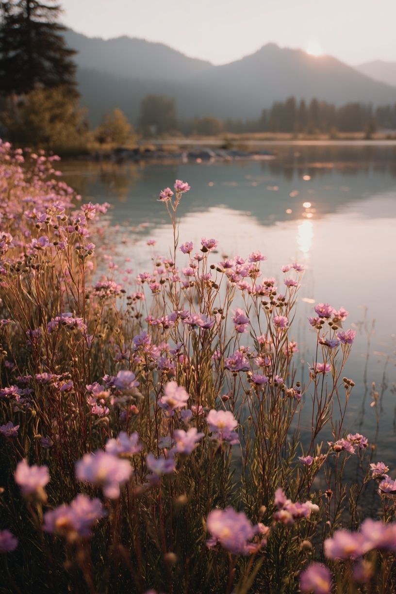 Misty Wildflowers at Sunrise Poster. poster detail