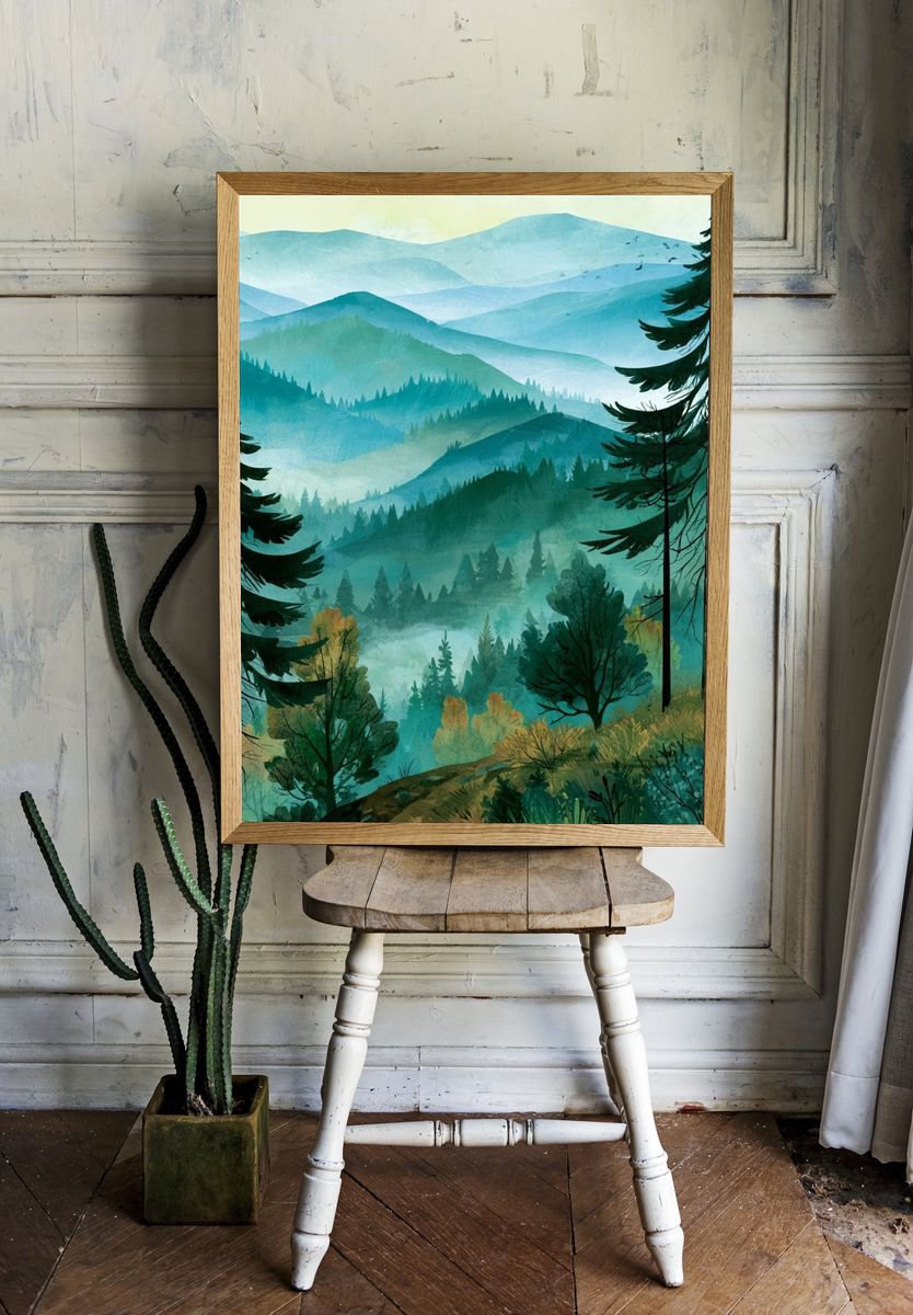 Misty Pine Forest Landscape Print. room preview