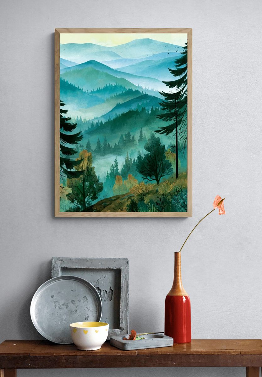Misty Pine Forest Landscape Print. — room view 3