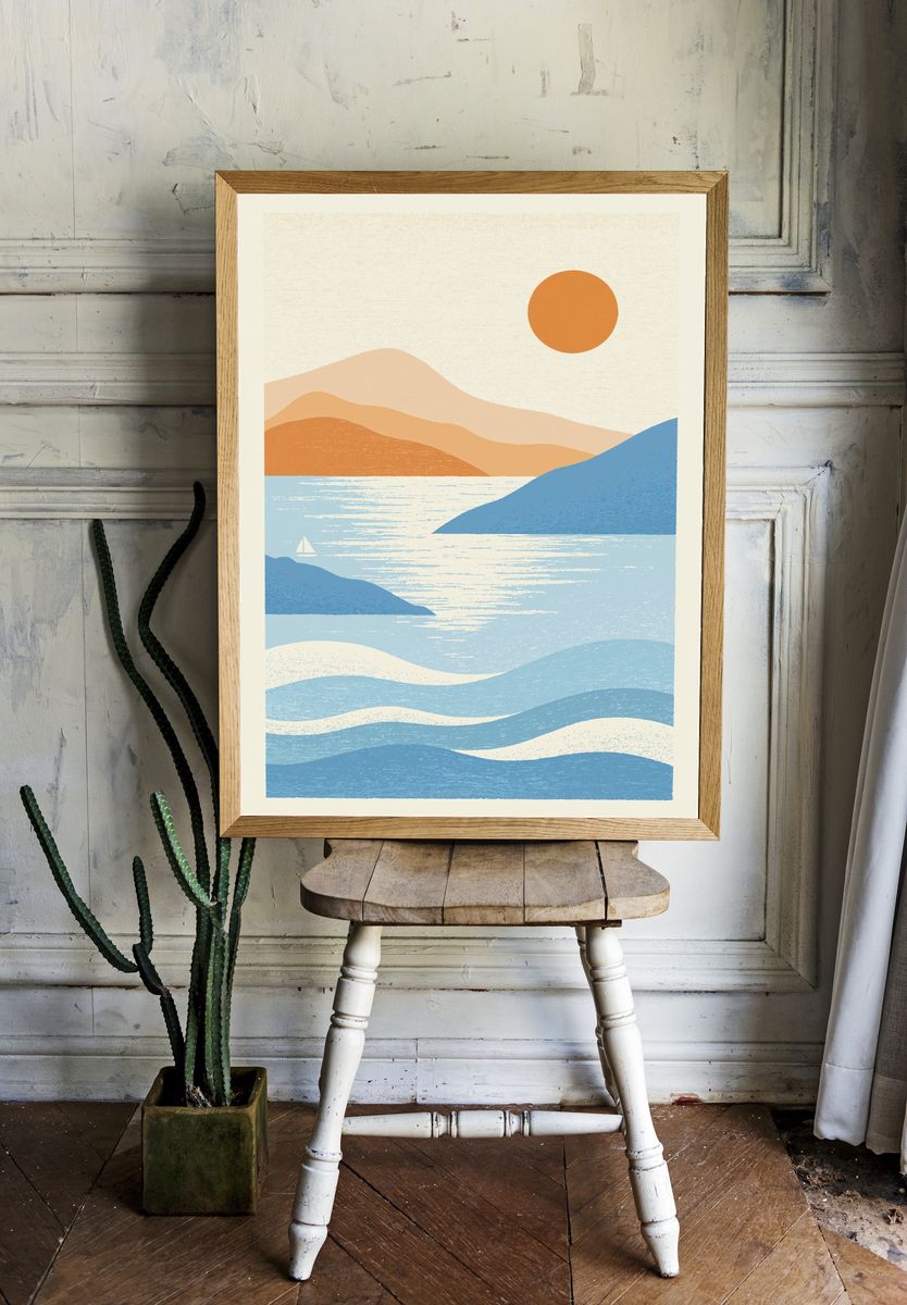 Sunlit Coastal Landscape Print. room preview