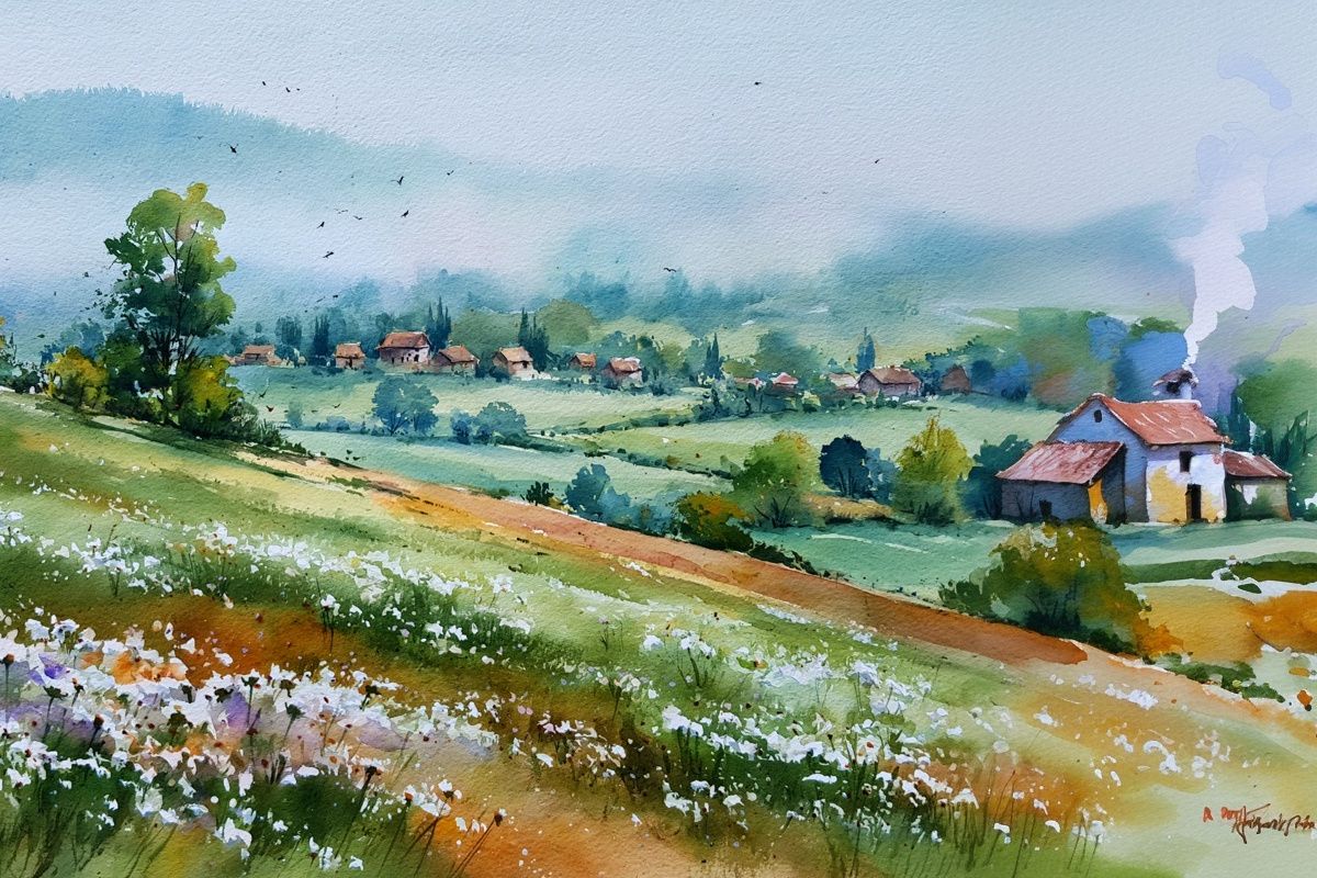 Misty Countryside Watercolor Poster. poster — nature art