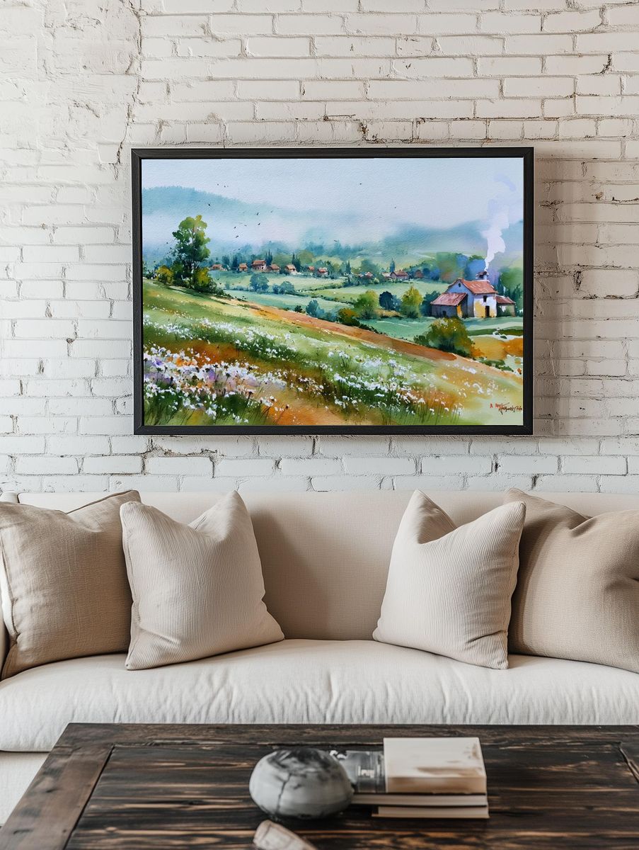 Misty Countryside Watercolor Poster. — room view 1