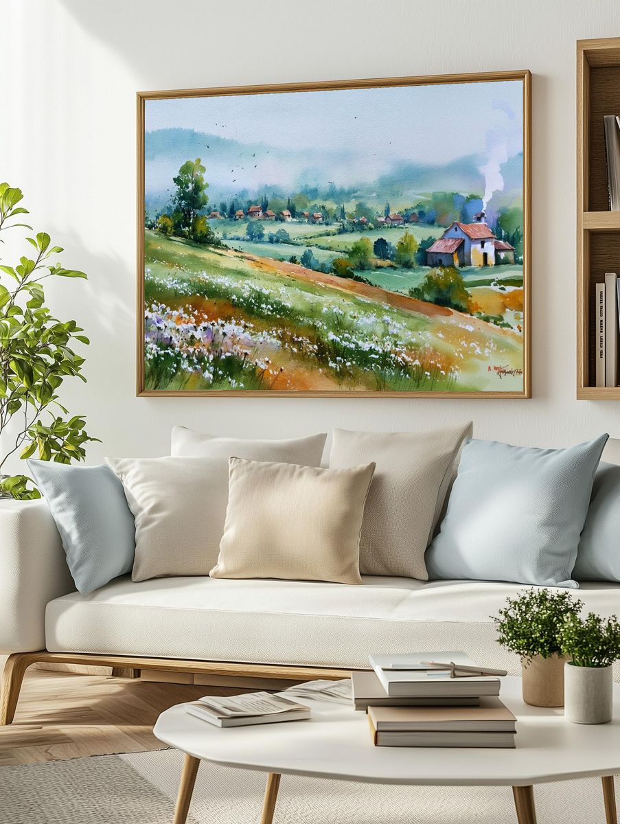 Misty Countryside Watercolor Poster. — room view 2