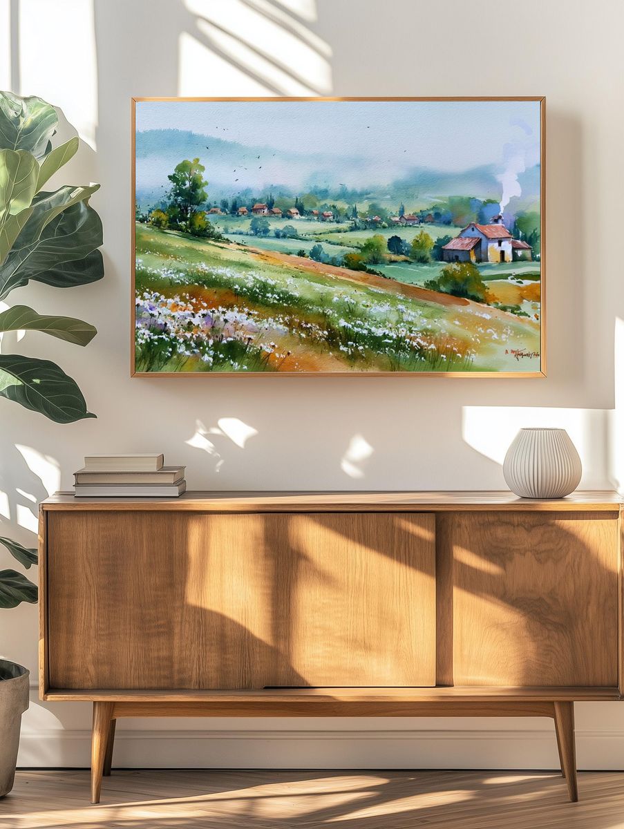 Misty Countryside Watercolor Poster. — room view 3