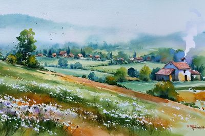 Misty Countryside Watercolor Poster.