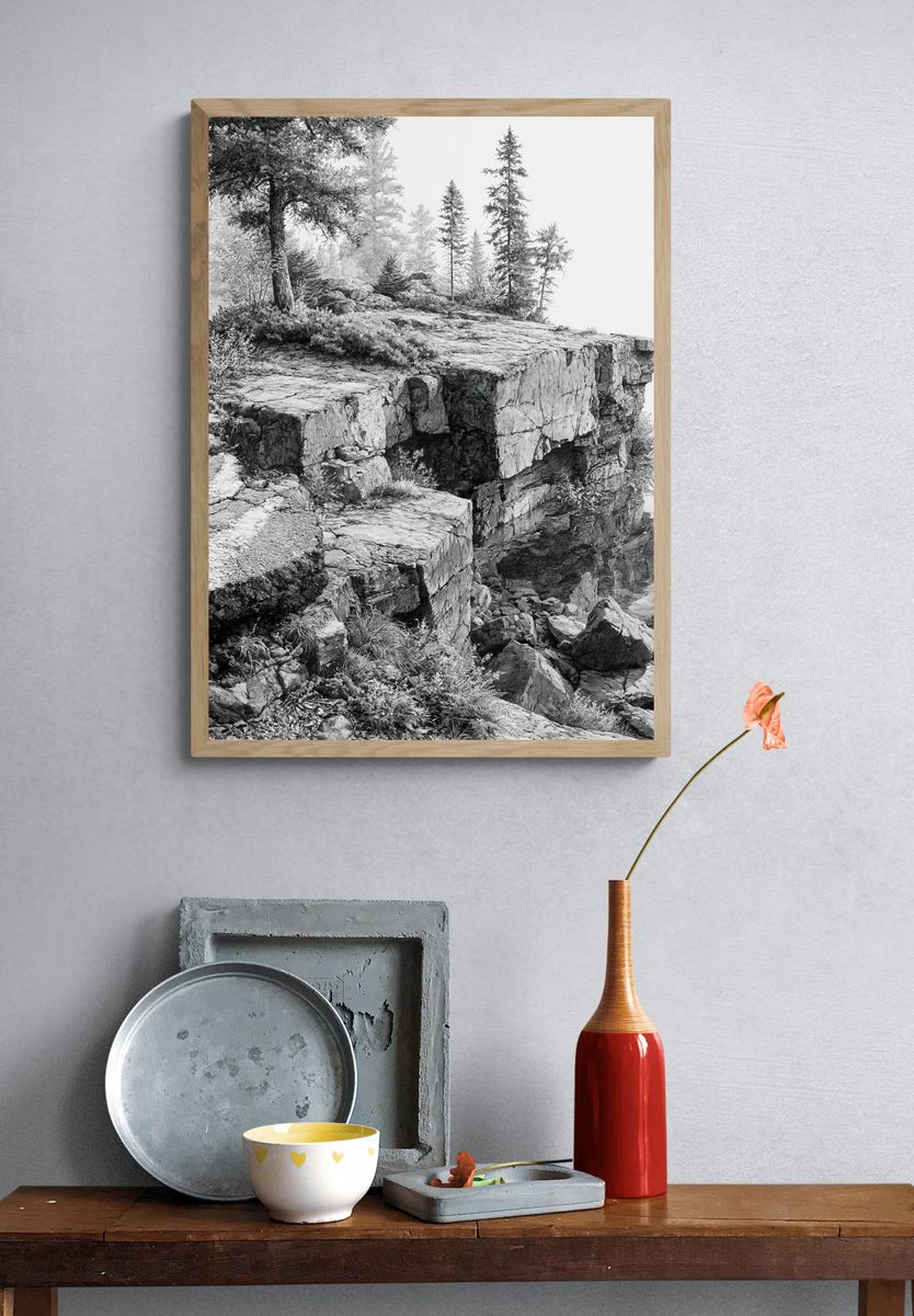 Rocky Cliff Forest Landscape Print. — room view 3
