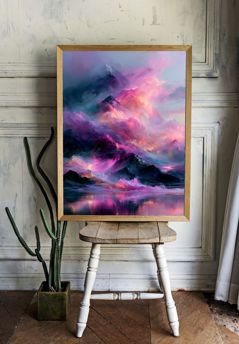 Dreamy Neon Mountains Print. room preview
