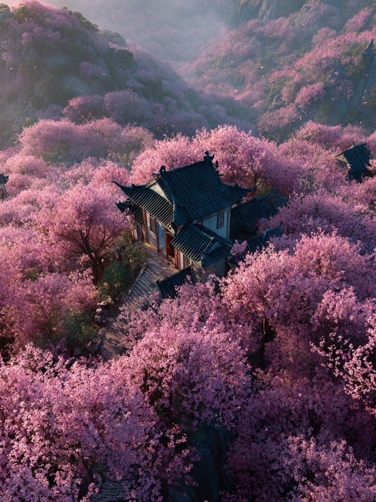 Cherry Blossom Temple Landscape Poster. poster — nature art