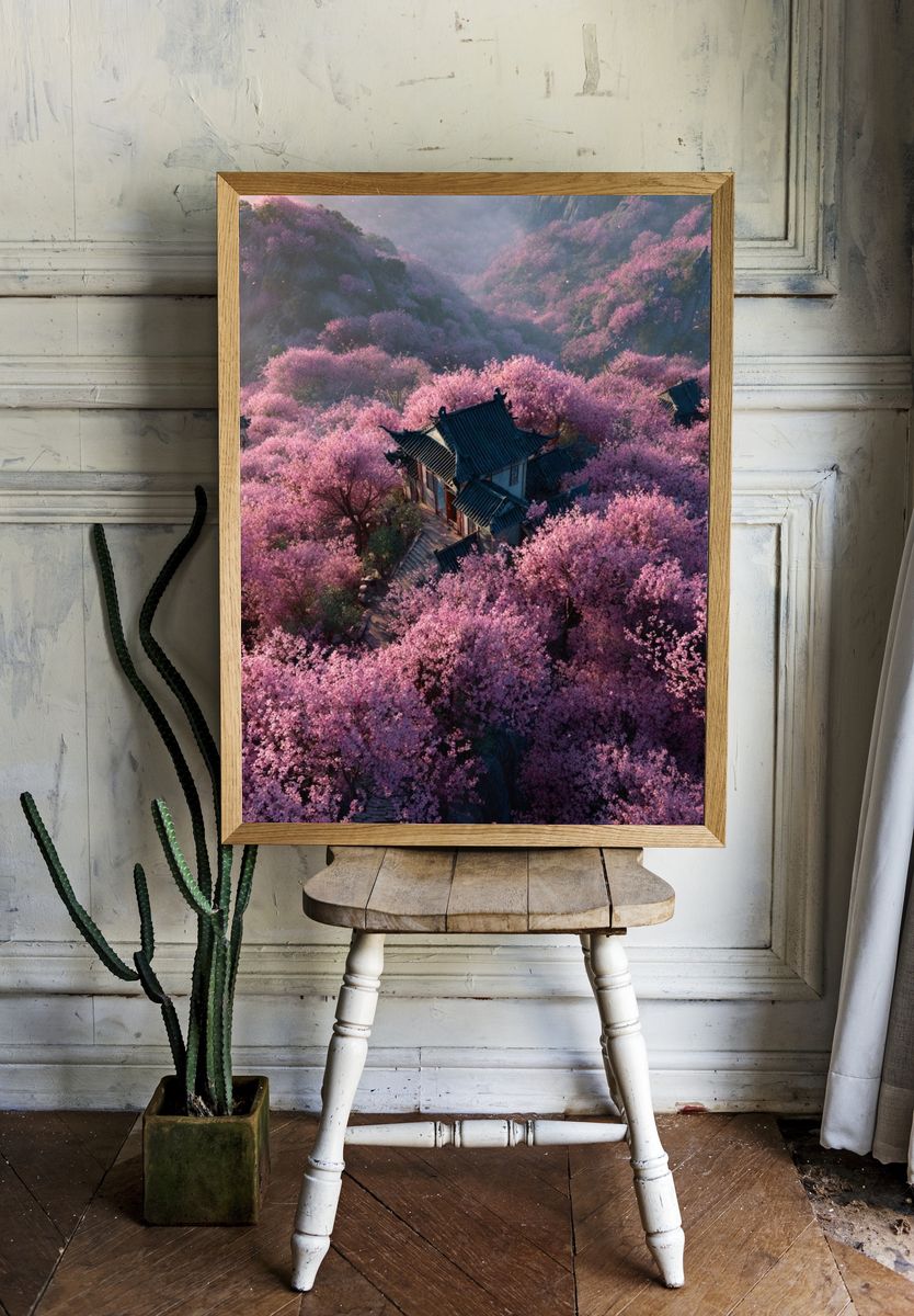 Cherry Blossom Temple Landscape Poster. room preview