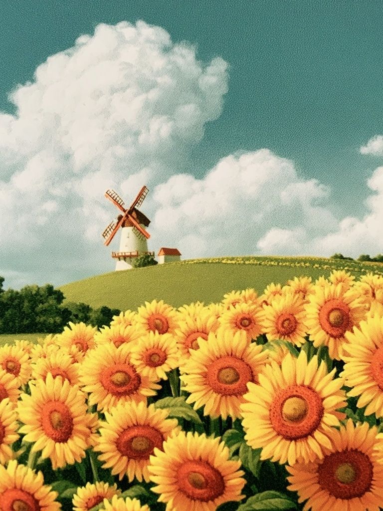 Sunflower Field and Windmill Print. poster — nature art