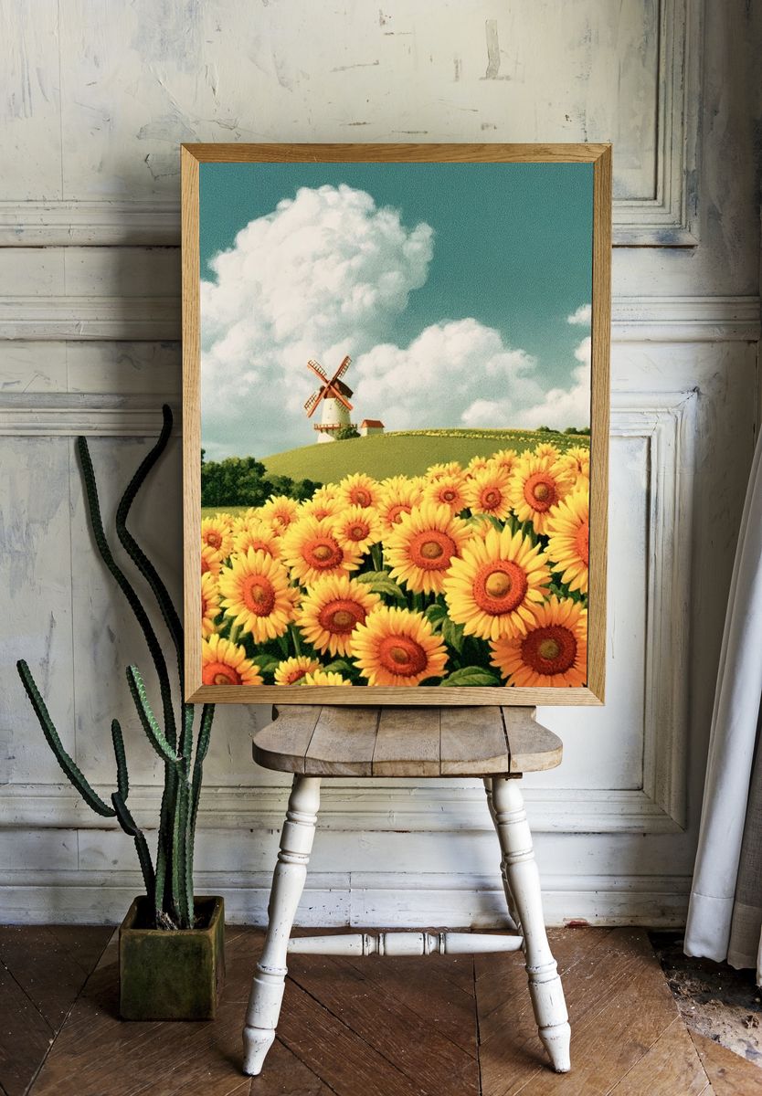 Sunflower Field and Windmill Print. — room view 1