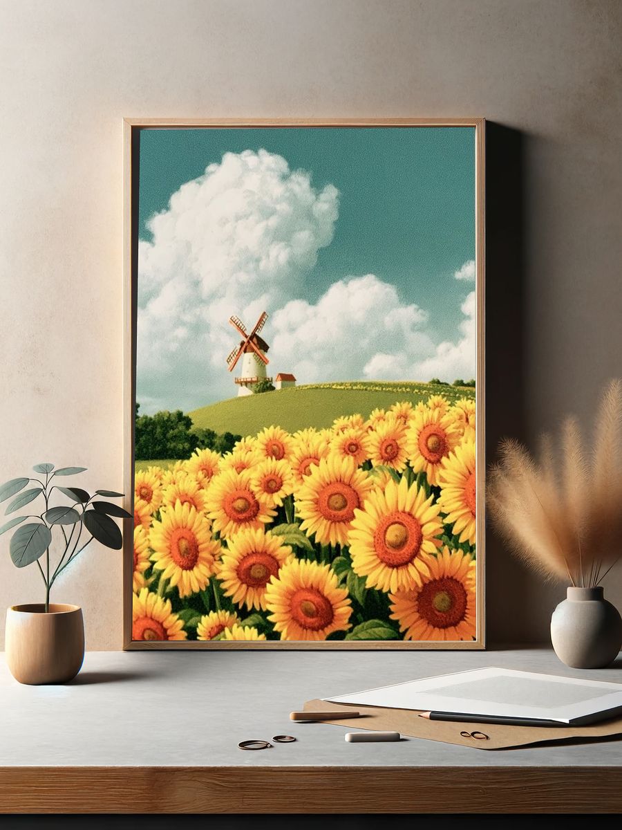 Sunflower Field and Windmill Print. — room view 2