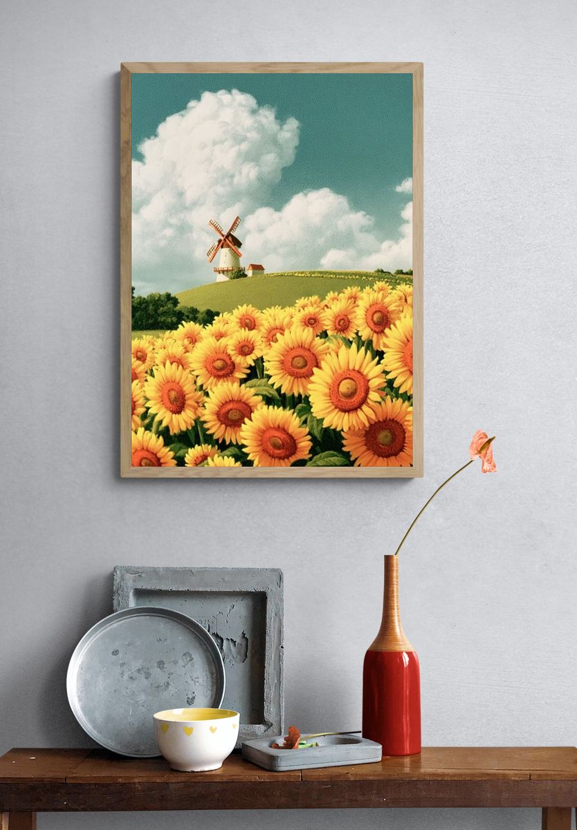 Sunflower Field and Windmill Print. — room view 3