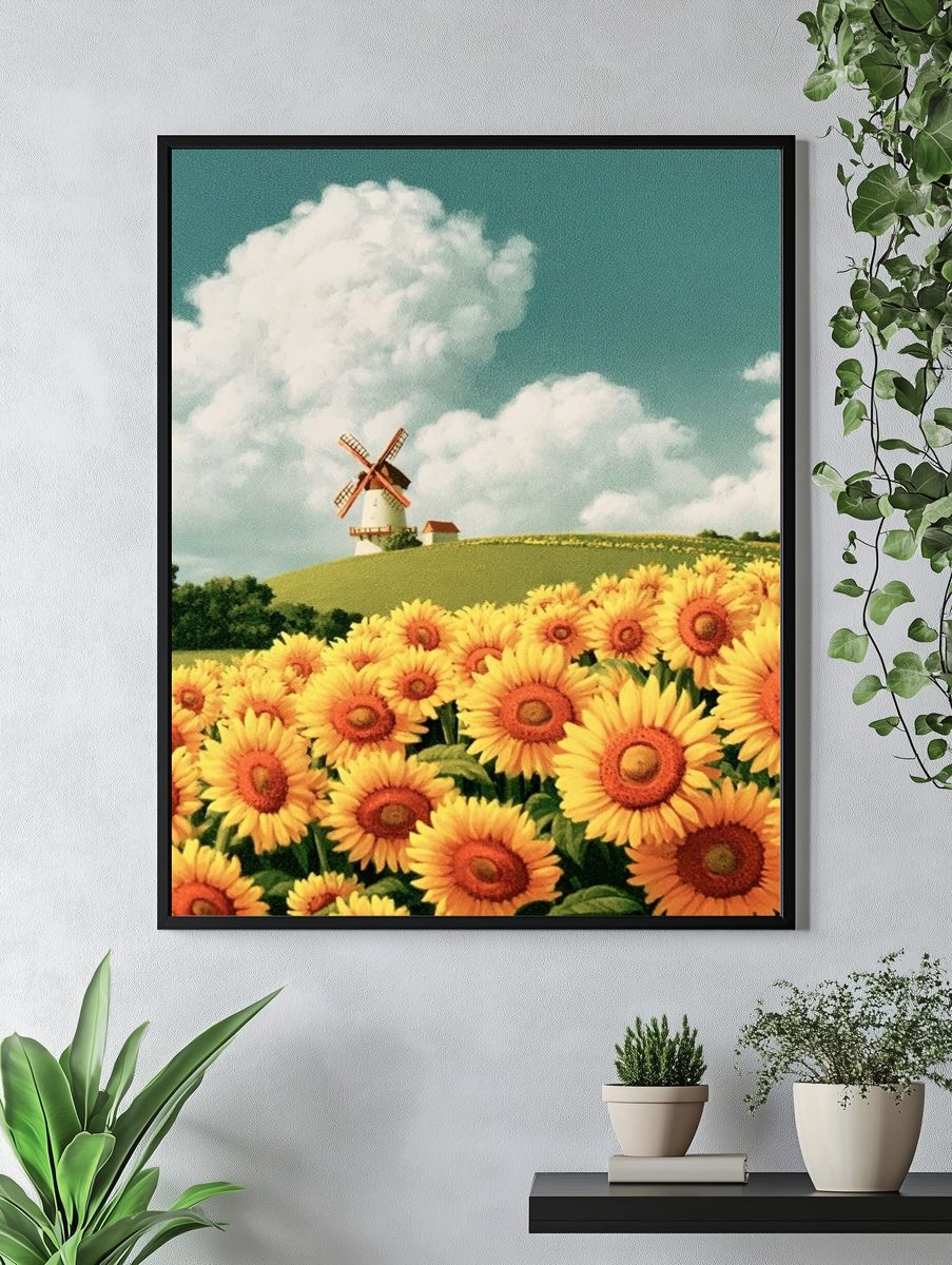 Sunflower Field and Windmill Print. — room view 4