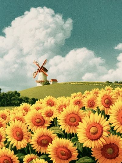 Sunflower Field and Windmill Print. poster