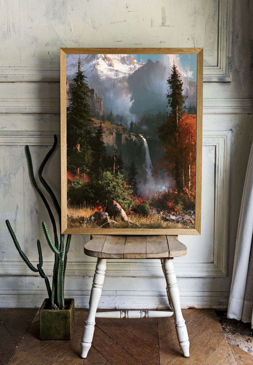 Autumn Mountain Waterfall Print. — room view 1