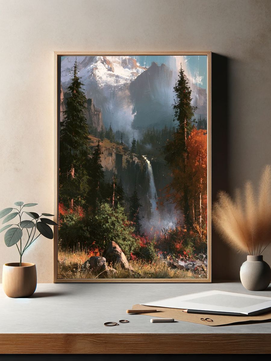 Autumn Mountain Waterfall Print. — room view 2