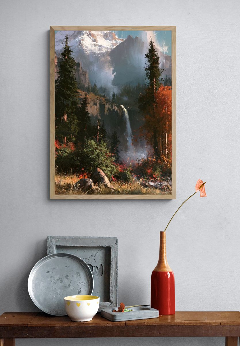 Autumn Mountain Waterfall Print. — room view 3