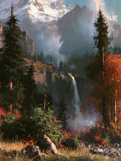 Autumn Mountain Waterfall Print. poster