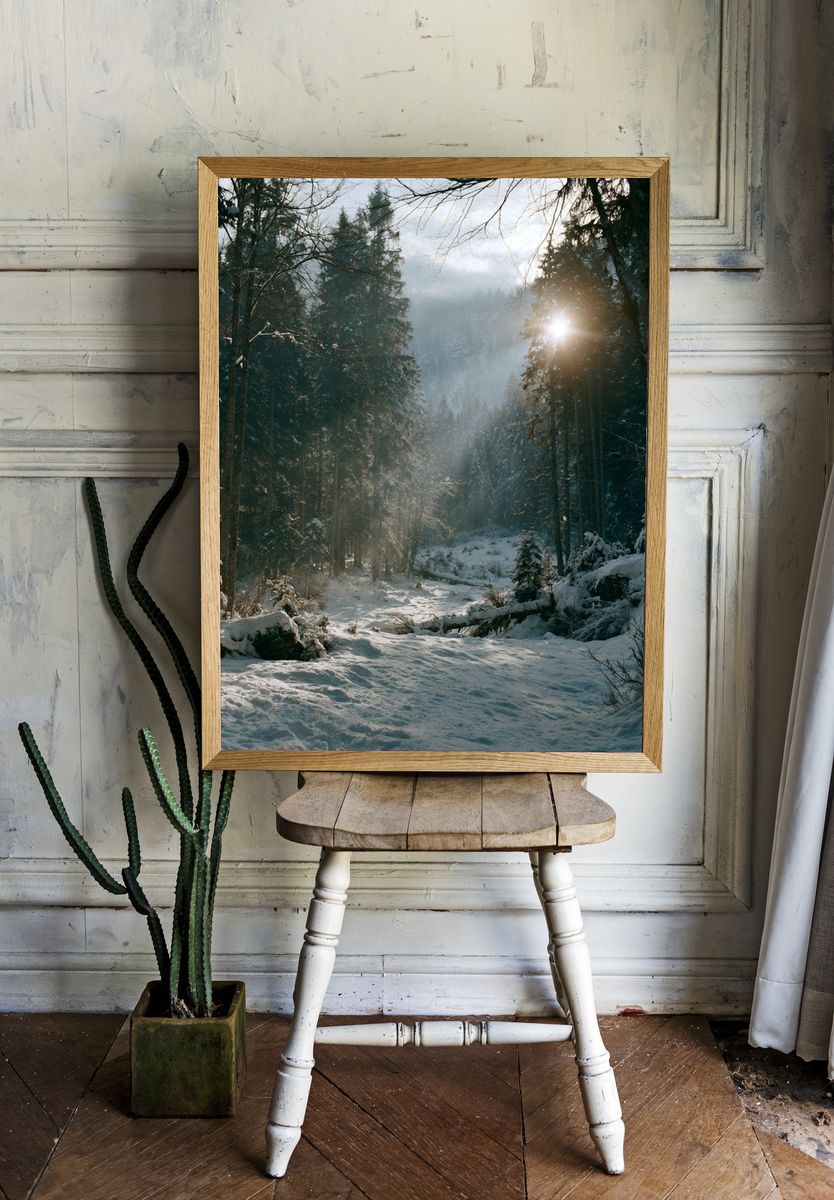 Snowy Forest Sunrise Poster. room preview