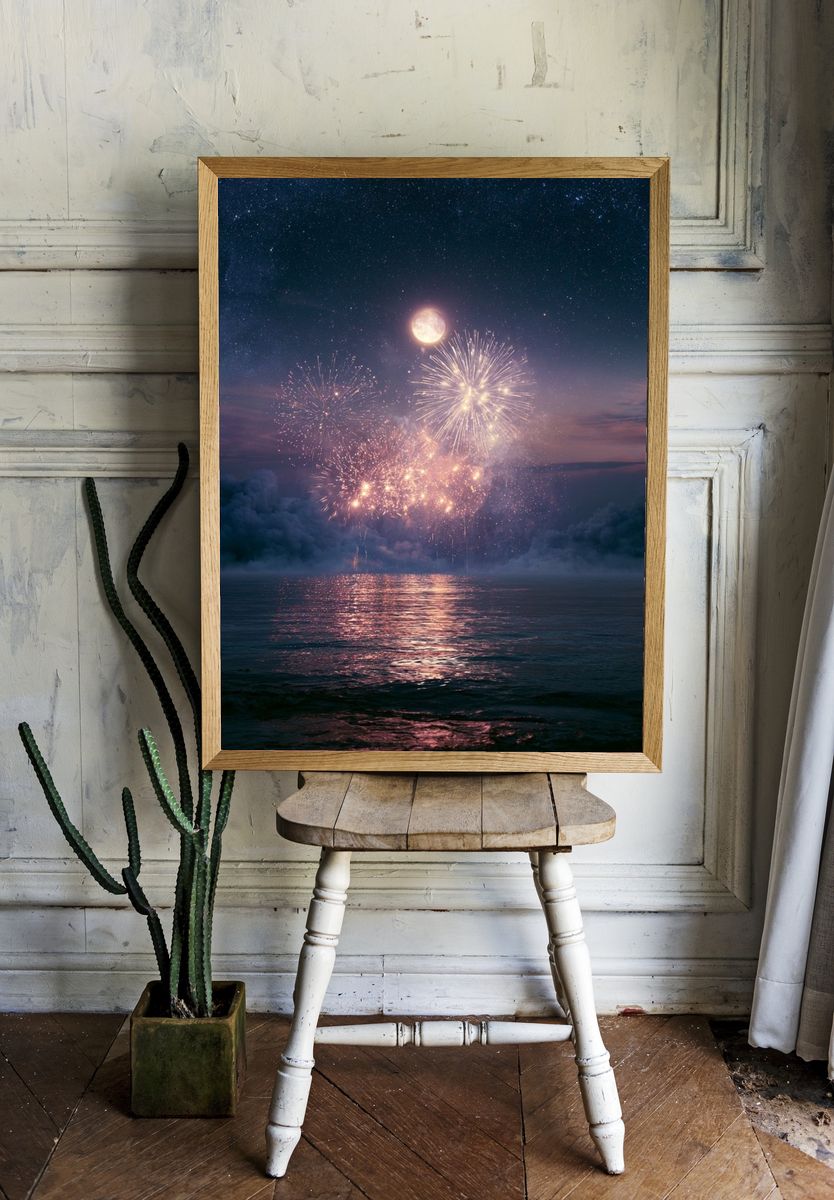 Moonlit Fireworks Night Sky Print. — room view 1