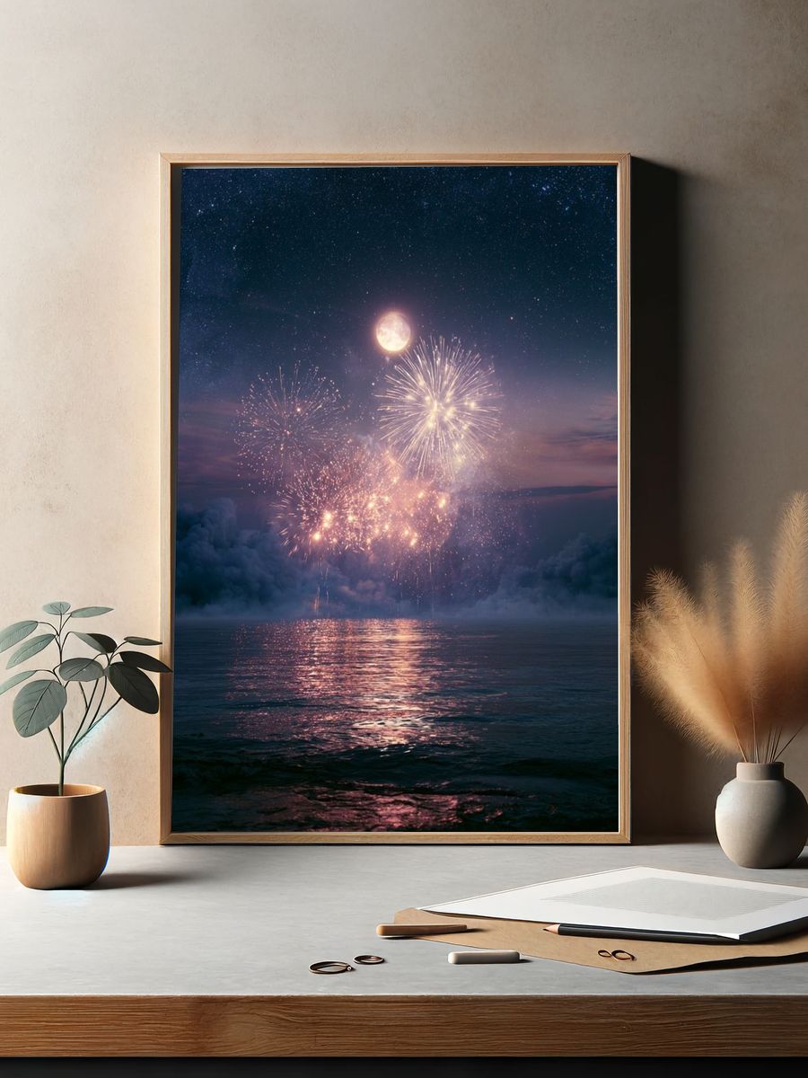 Moonlit Fireworks Night Sky Print. — room view 2