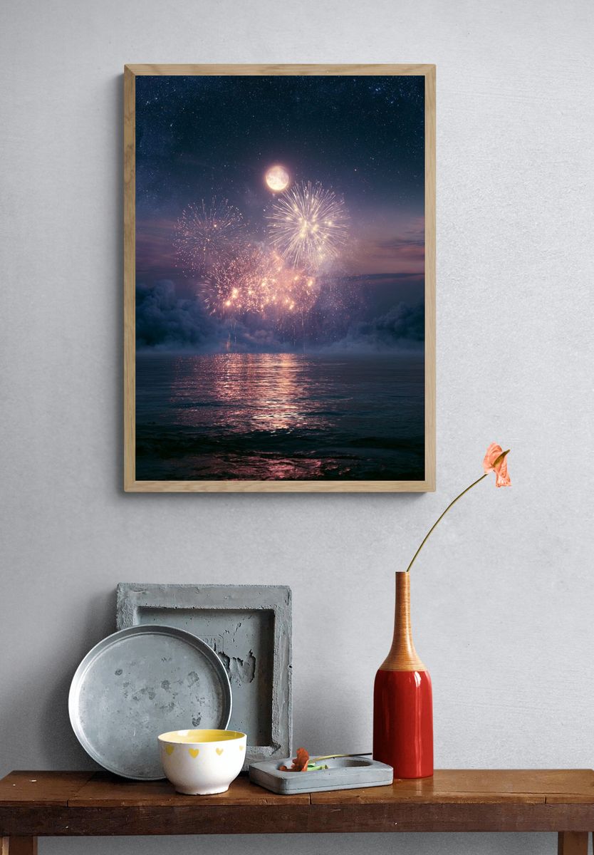 Moonlit Fireworks Night Sky Print. — room view 3