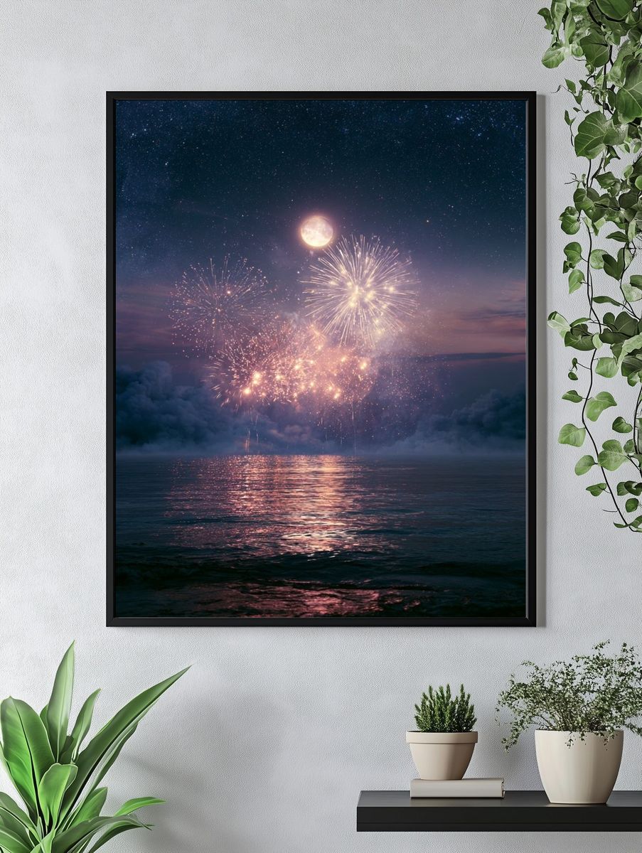 Moonlit Fireworks Night Sky Print. — room view 4