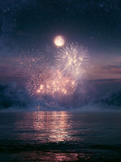 Moonlit Fireworks Night Sky Print.