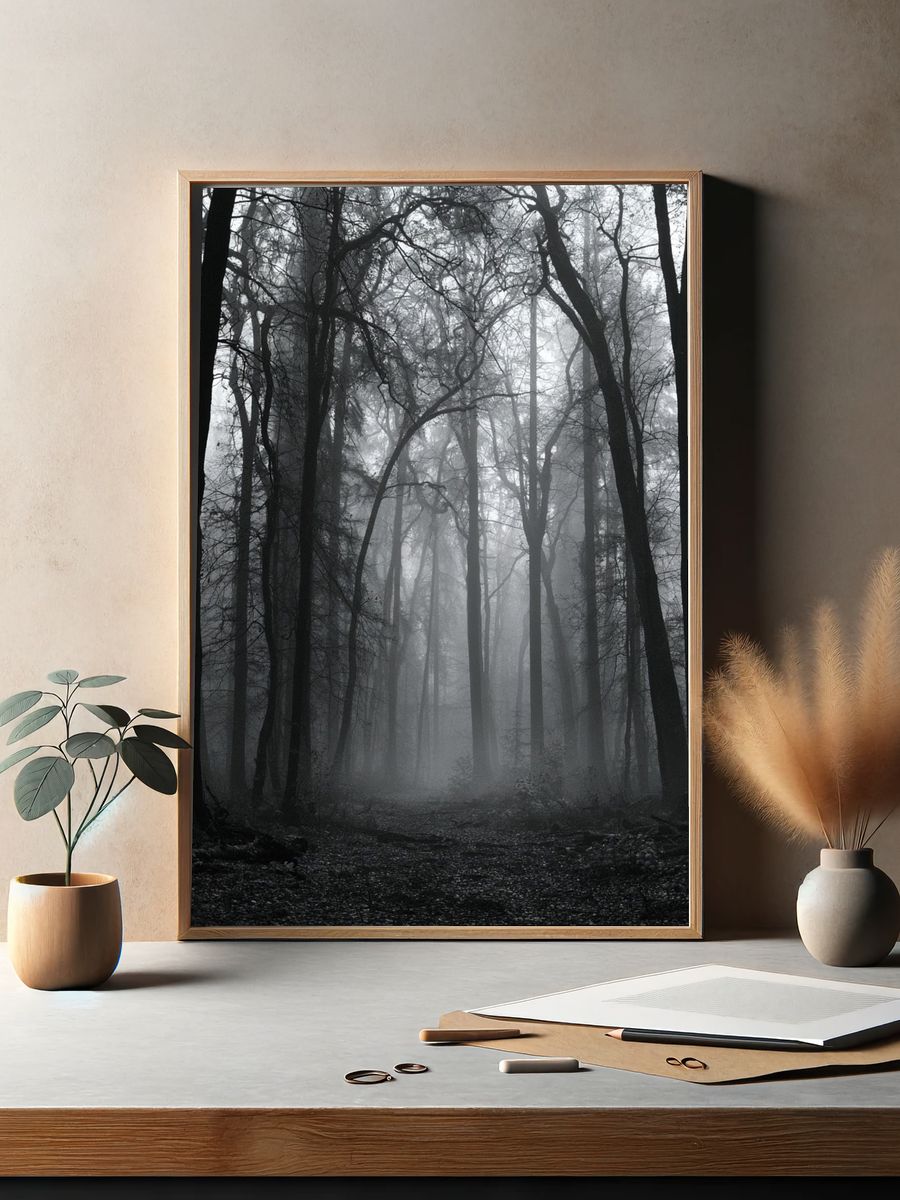 Misty Forest Path Photography Poster. — room view 2