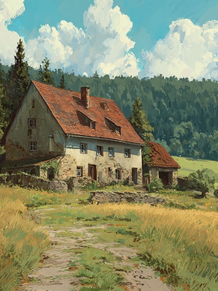 Countryside Cottage Landscape Print. poster — nature art