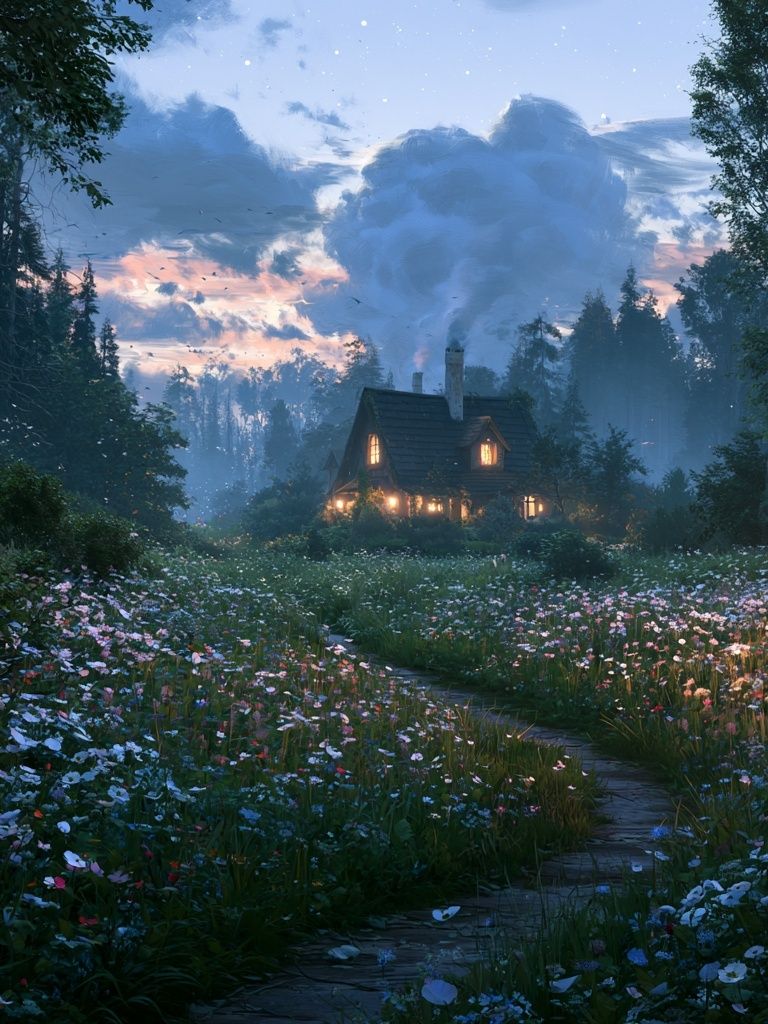 Misty Cottage Meadow Landscape Poster. poster detail