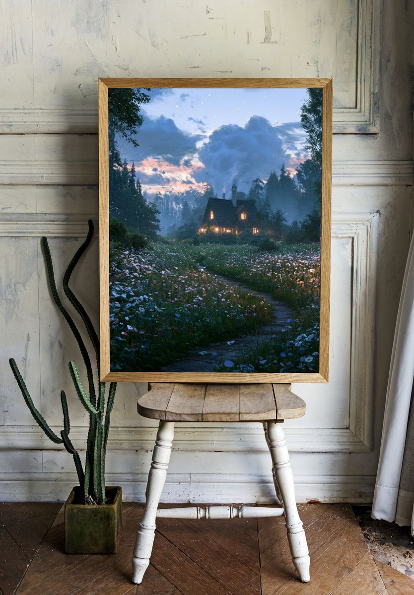 Misty Cottage Meadow Landscape Poster. — room view 1