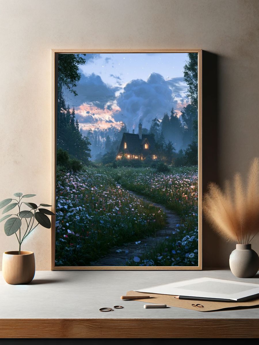 Misty Cottage Meadow Landscape Poster. — room view 2