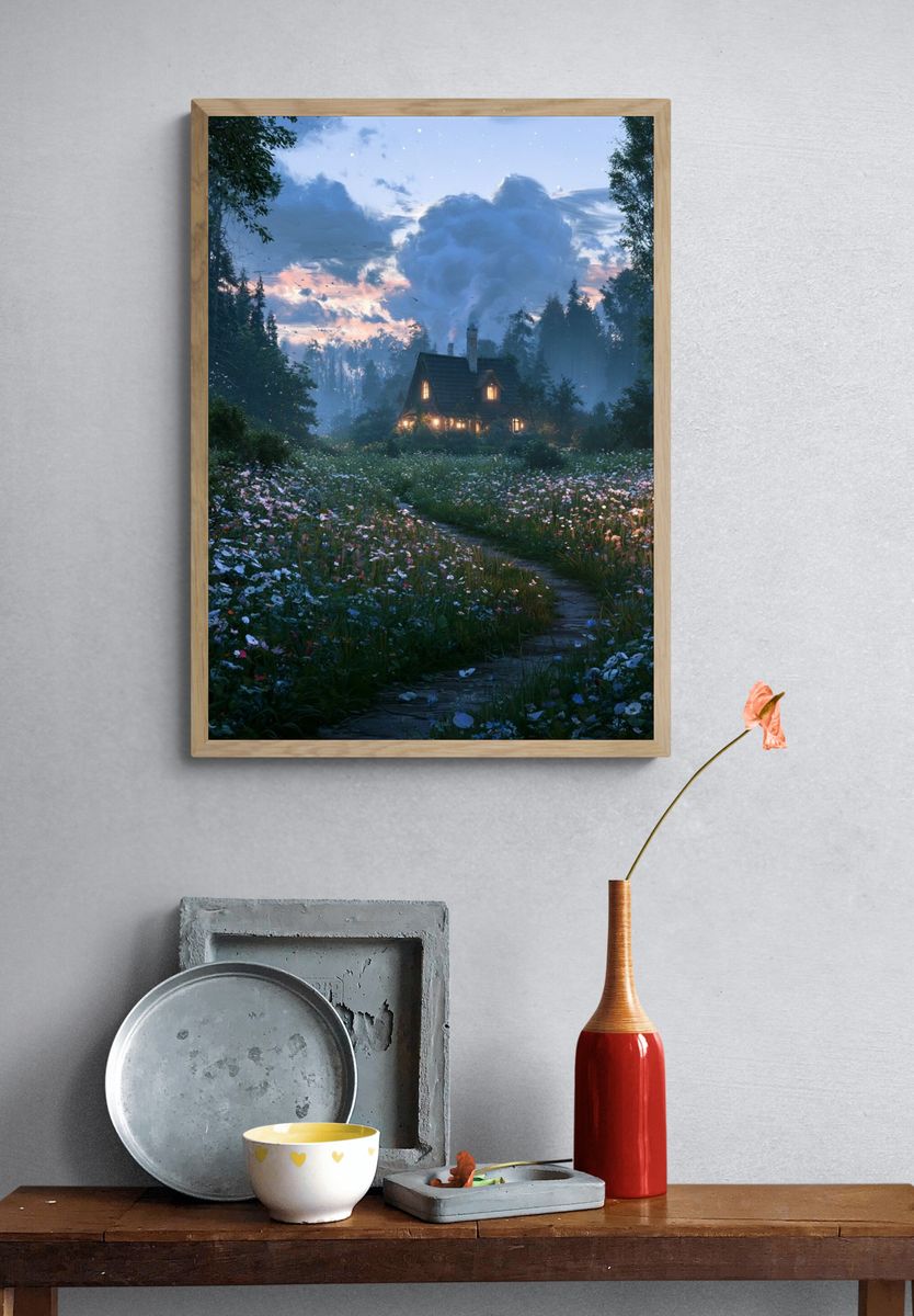 Misty Cottage Meadow Landscape Poster. — room view 3