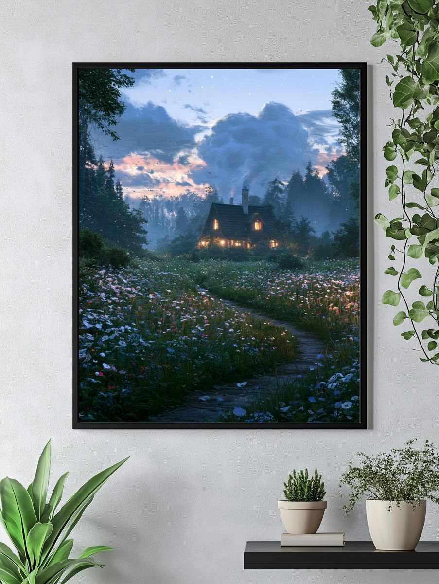 Misty Cottage Meadow Landscape Poster. — room view 4