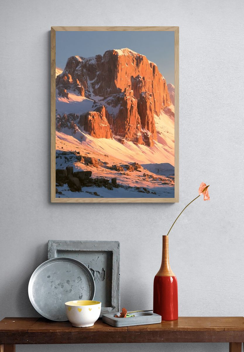 Sunlit Snowy Mountain Landscape Print. — room view 3