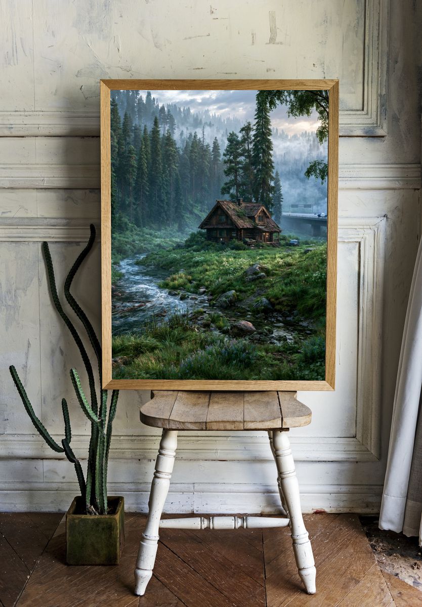 Misty Forest Cabin Landscape Poster. — room view 1