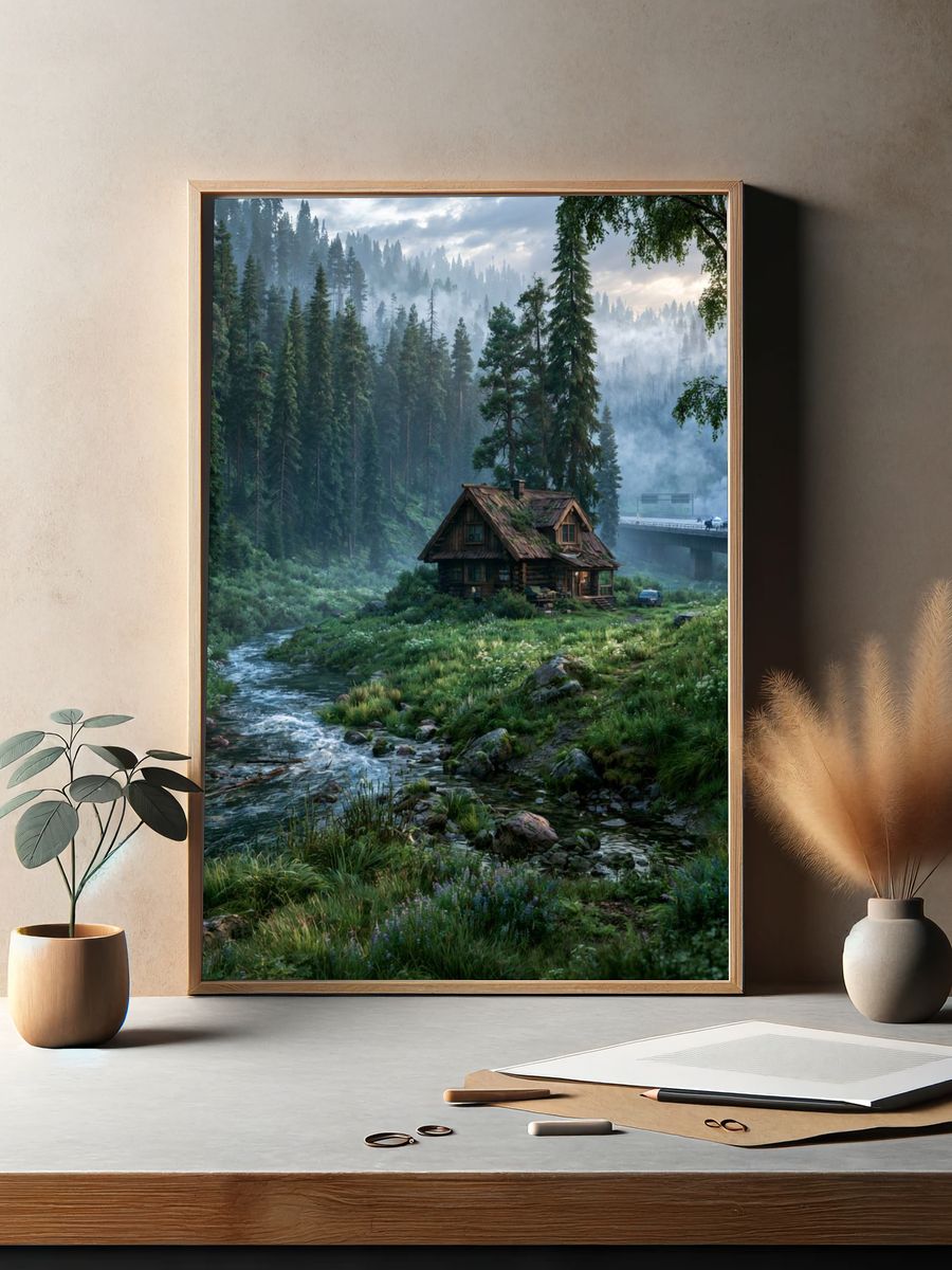 Misty Forest Cabin Landscape Poster. — room view 2