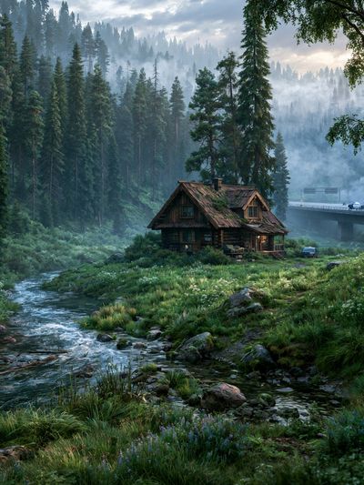 Misty Forest Cabin Landscape Poster.