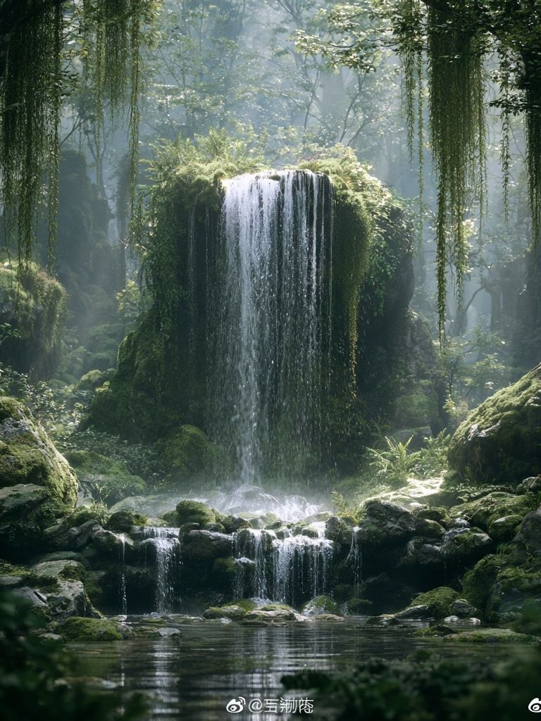 Misty Forest Waterfall Photography Poster. poster detail