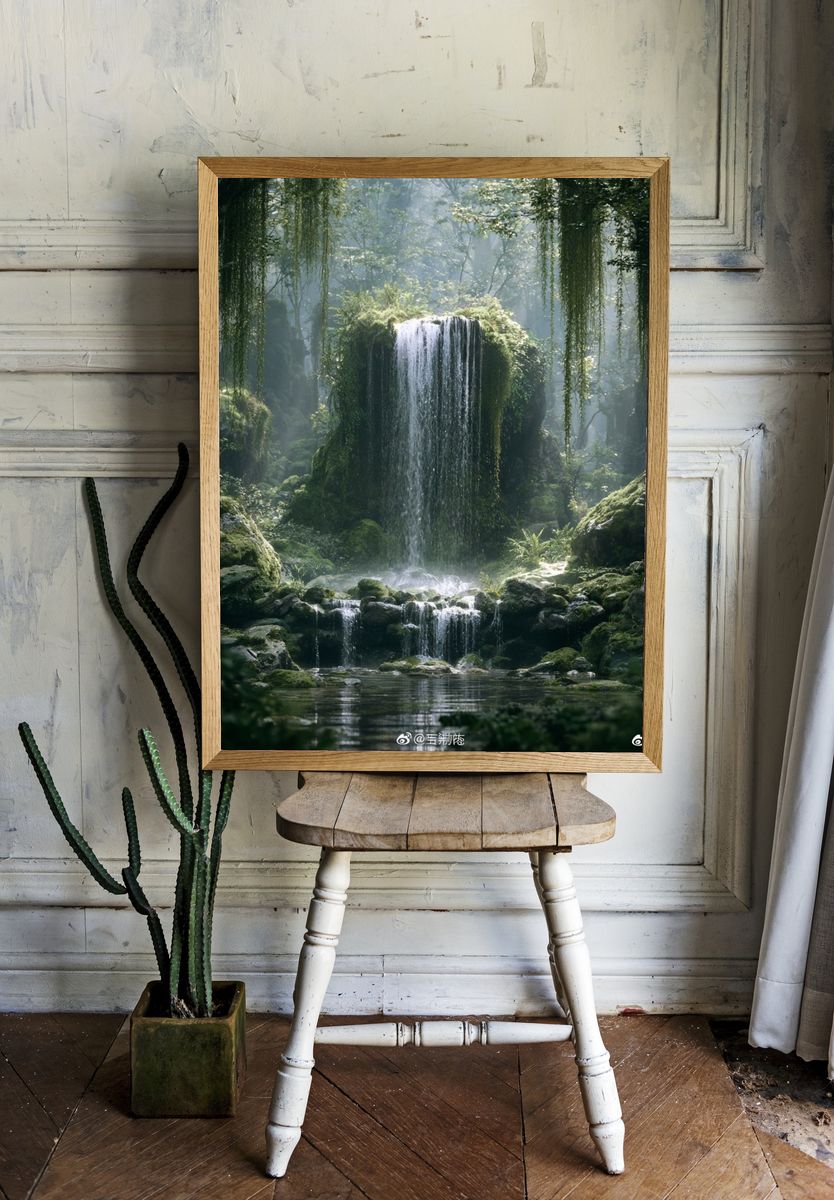 Misty Forest Waterfall Photography Poster. room preview